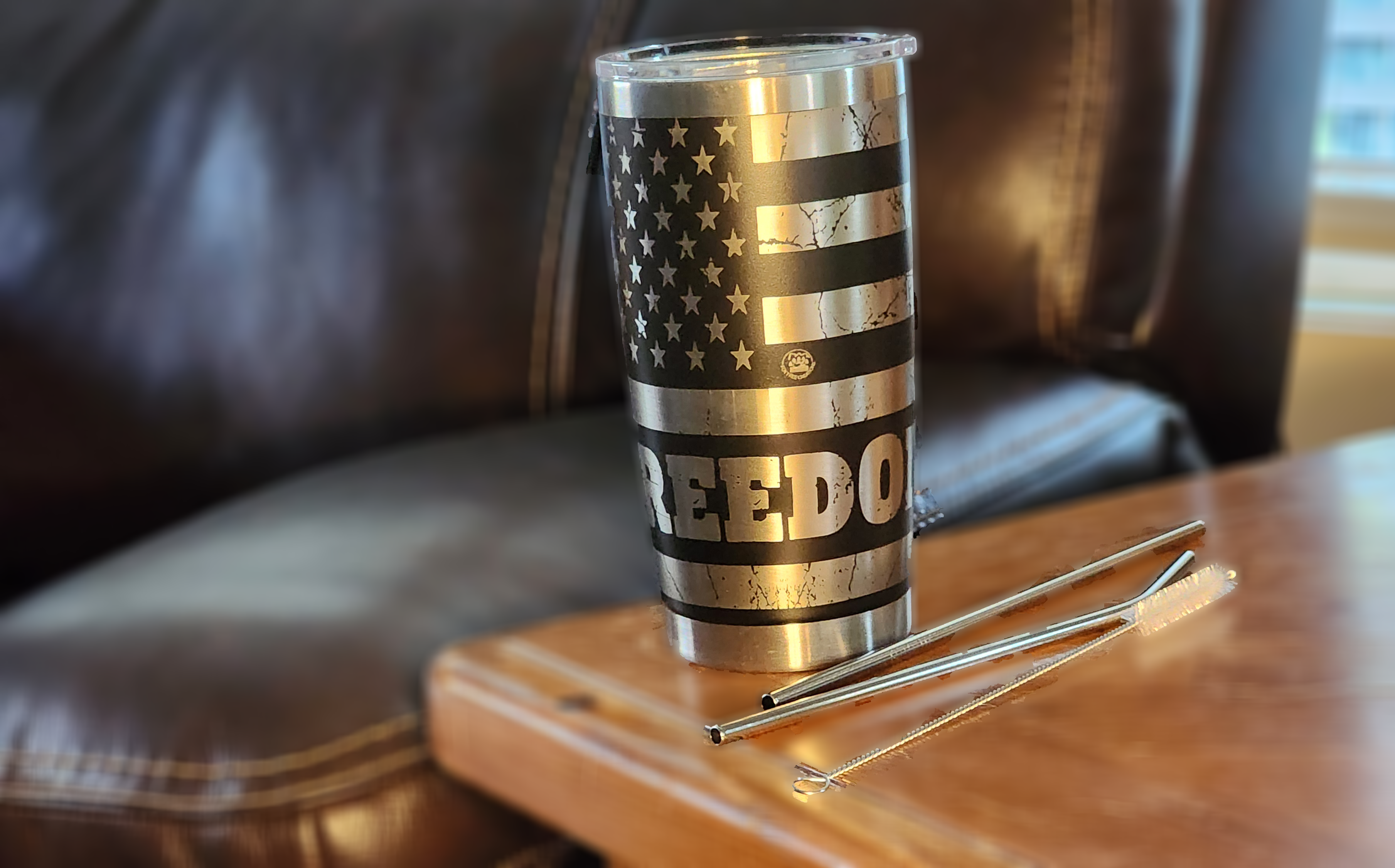 Laser Engraved Freedom 20oz Tumbler with Straws second image