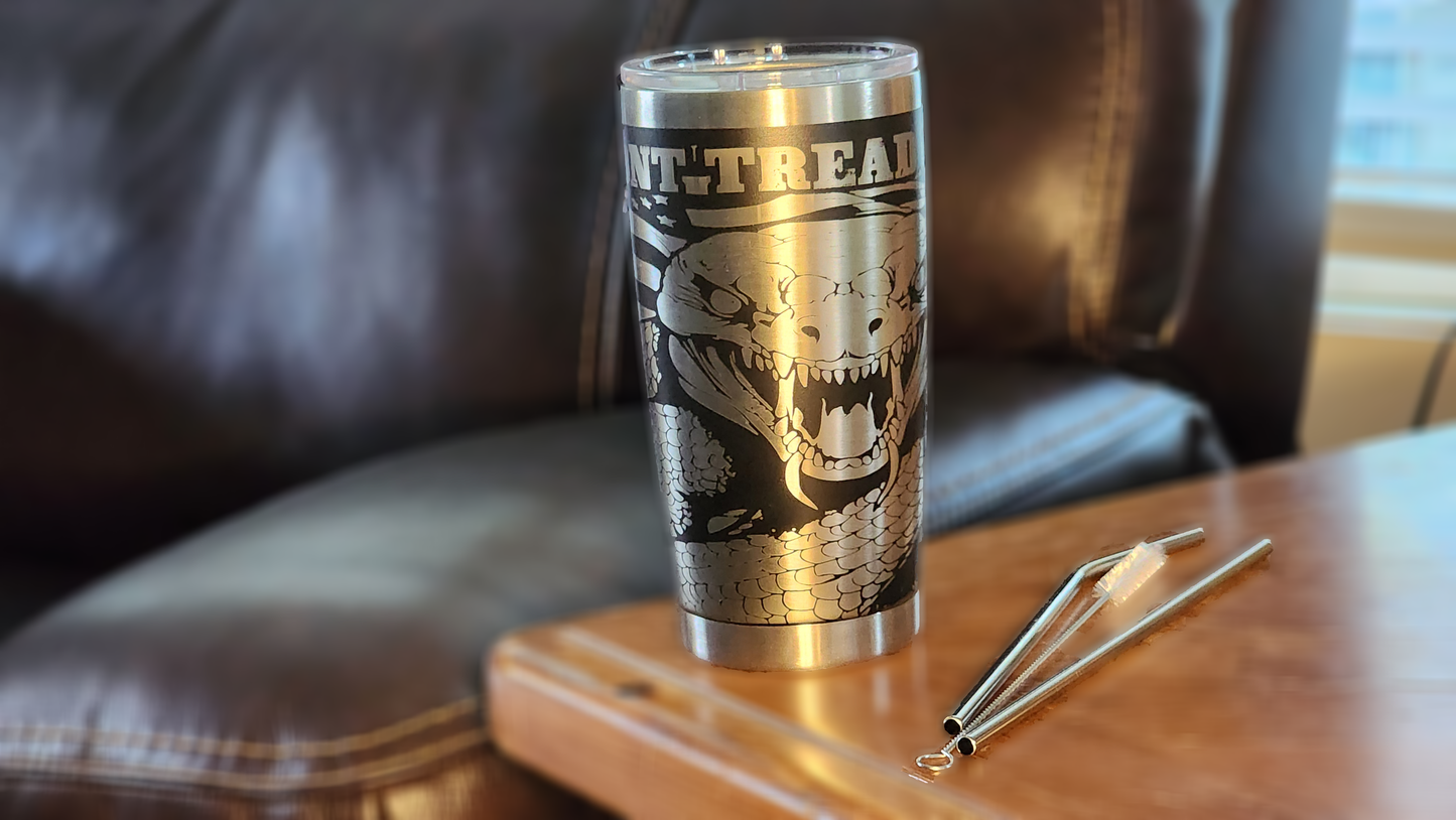 Fox Tree Creations unique Don't Tread 20oz tumbler with snake design on a wooden table