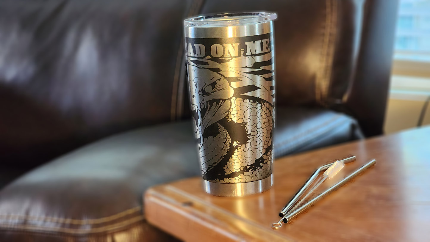Unique Don't Tread 20oz tumbler with snake design, perfect for outdoor adventures and everyday use