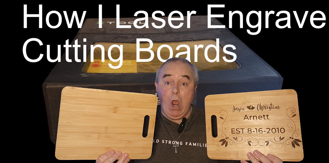 Demonstrating laser engraving bamboo cutting board with personalized designs and setup equipment