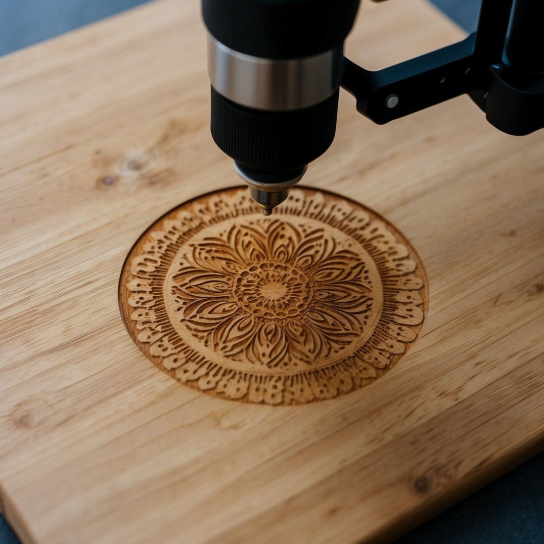 A laser engraving a floral design on a wooden surface showing how laser engraving works on gifts and leather items
