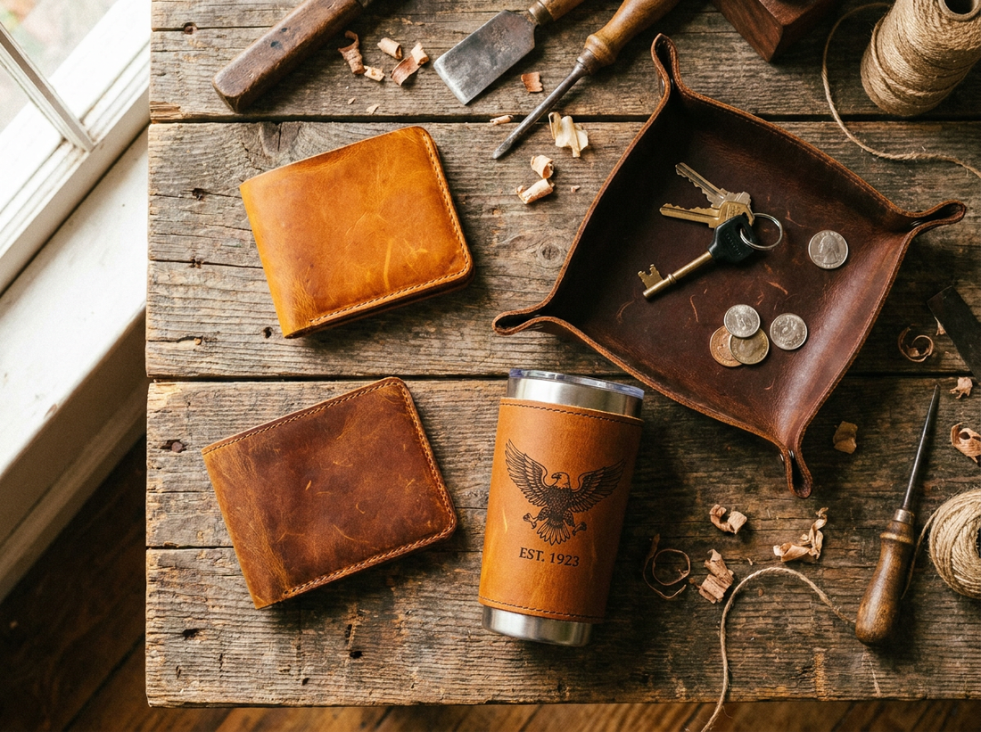 Flat lay of handcrafted full grain leather goods including a bifold wallet, field notes cover, and valet tray on a rustic wooden surface — Fox Tree Creations, Alabama