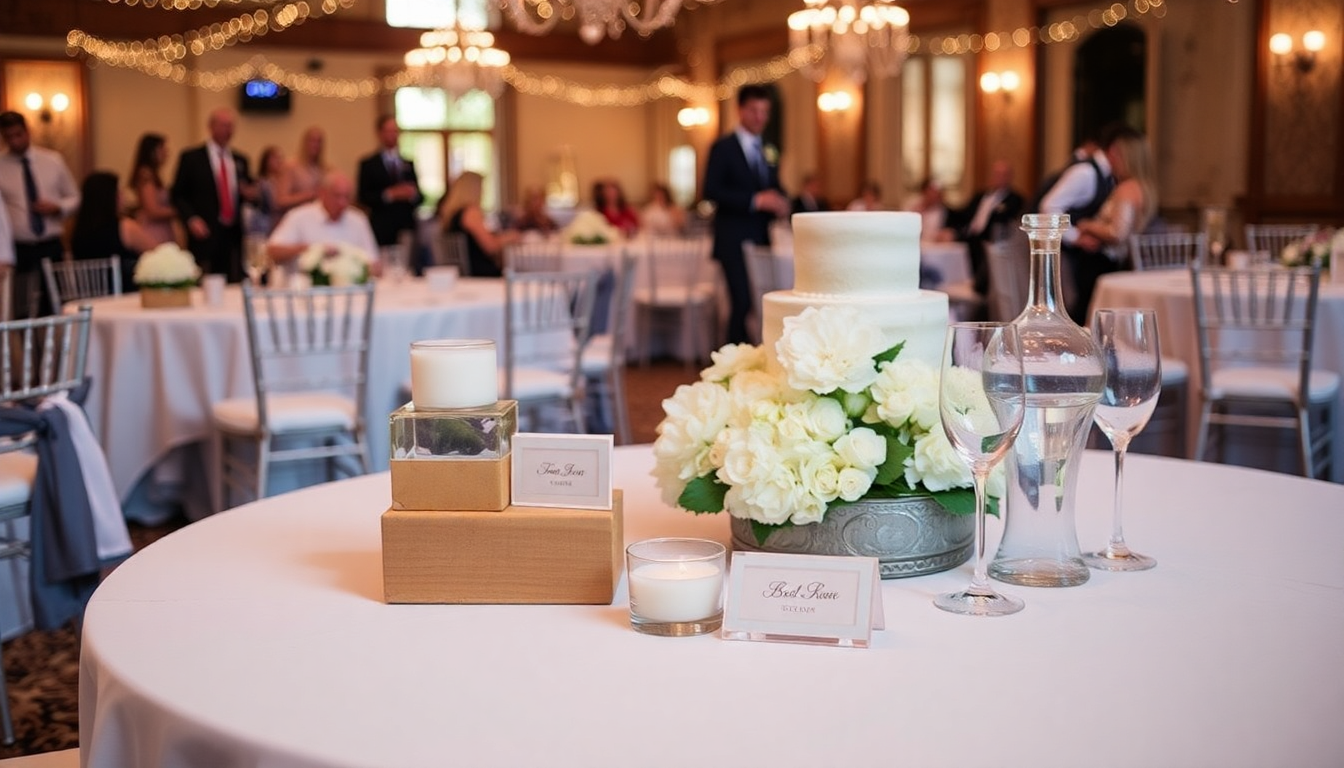 Elegant wedding reception setup featuring unique personalized gifts on beautifully decorated tables