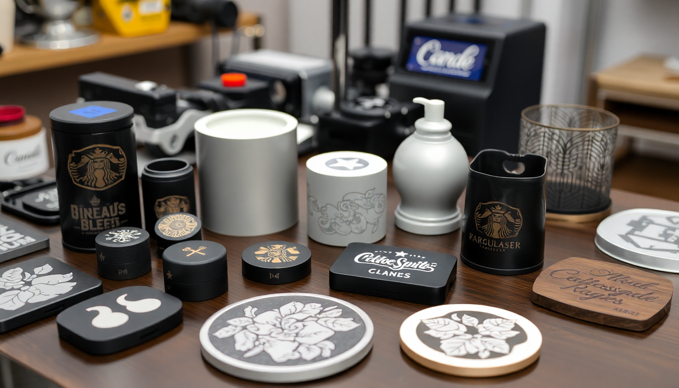Crafting custom laser-engraved gifts at Fox Tree Creations showing various engraved wooden and metal items on a workbench