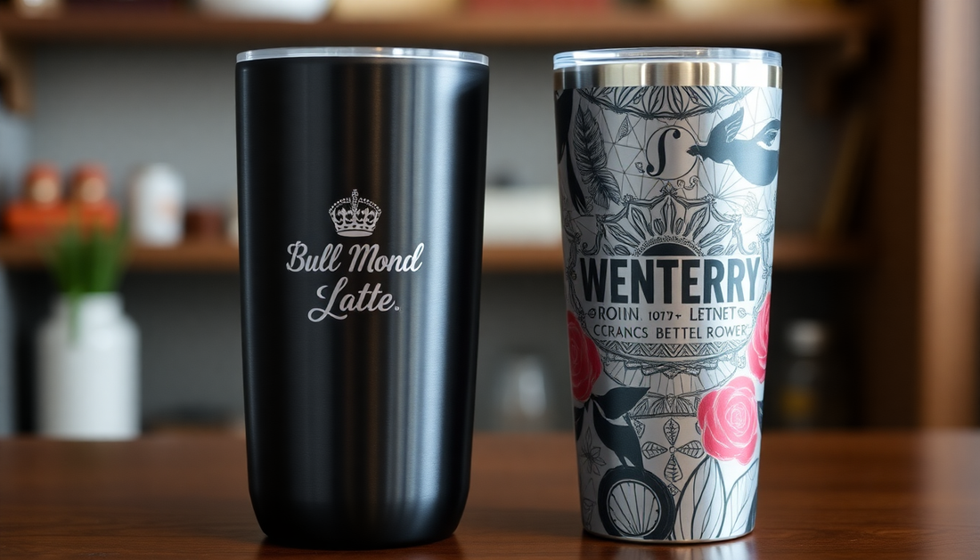 Advantages of Laser Engraved Tumblers Over Hand Painted Options shown on sleek black and detailed floral stainless steel tumblers