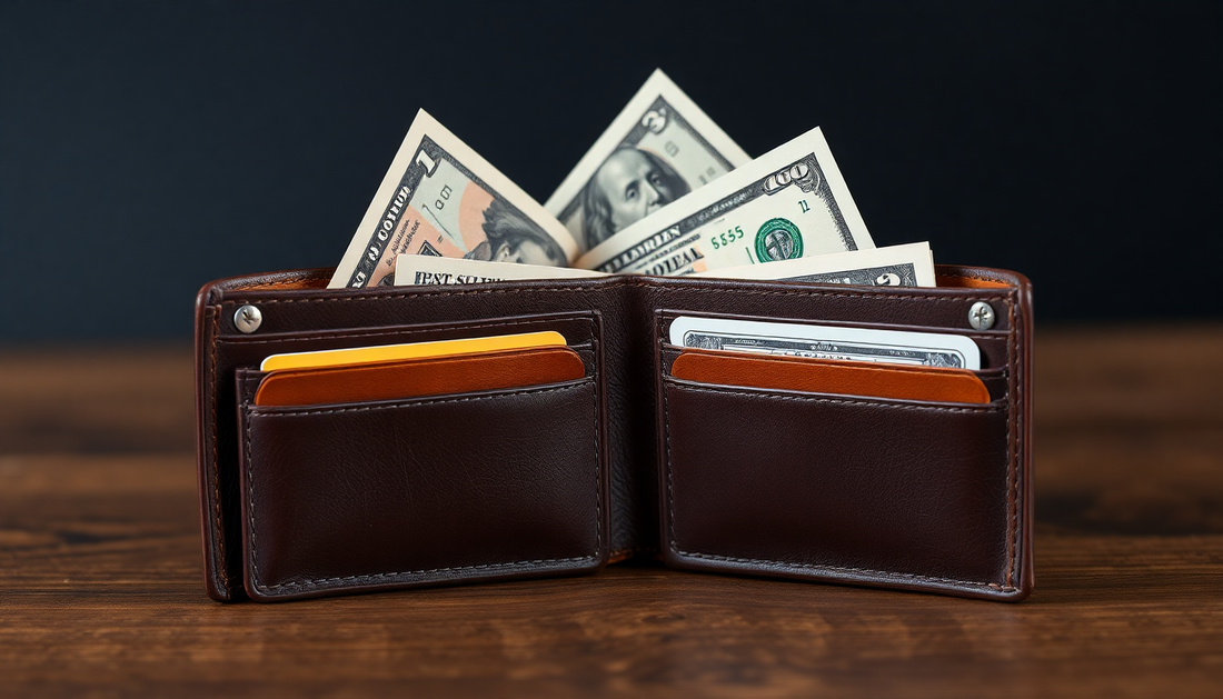 Brown leather wallet with cash and credit cards highlighting mistakes to avoid when caring for leather wallets