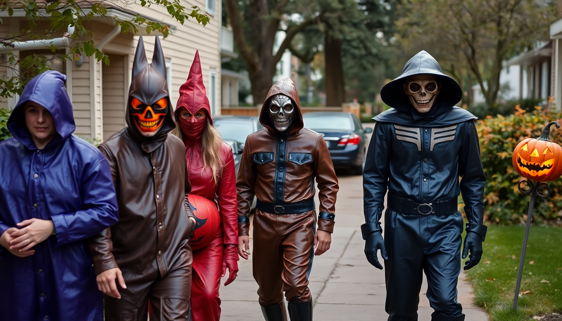 Group of people in creative custom leather Halloween costume ideas walking down a neighborhood street