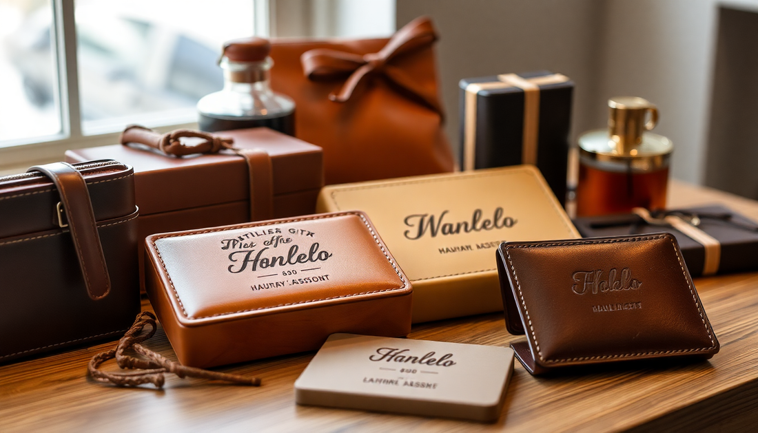 Collection of unique personalized gifts for dad featuring leather items and custom engravings