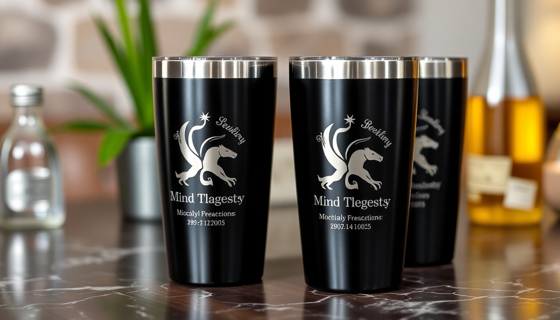 Stylish custom black tumblers featuring unique personalized tumbler designs for drinks and beverages