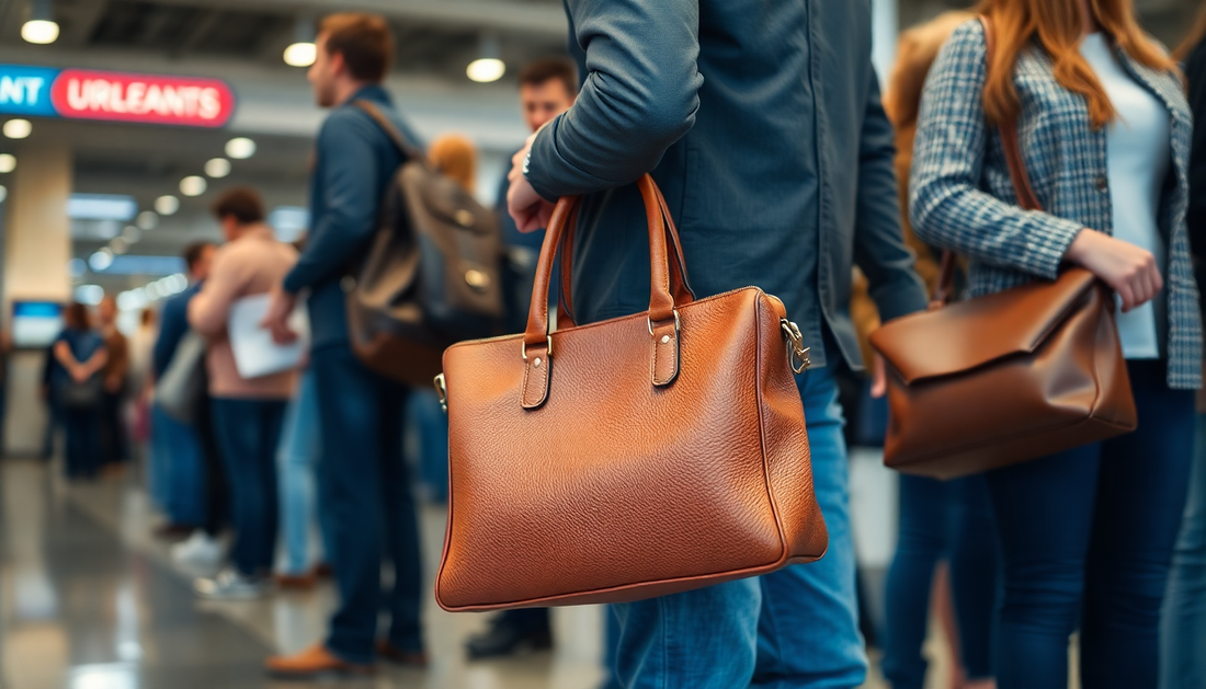 Person holding a stylish brown leather bag in a busy airport showcasing leather bag trends for gift giving