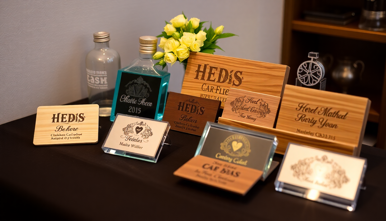 Display of wooden and acrylic nameplates and signs showcasing laser engraving services for small businesses