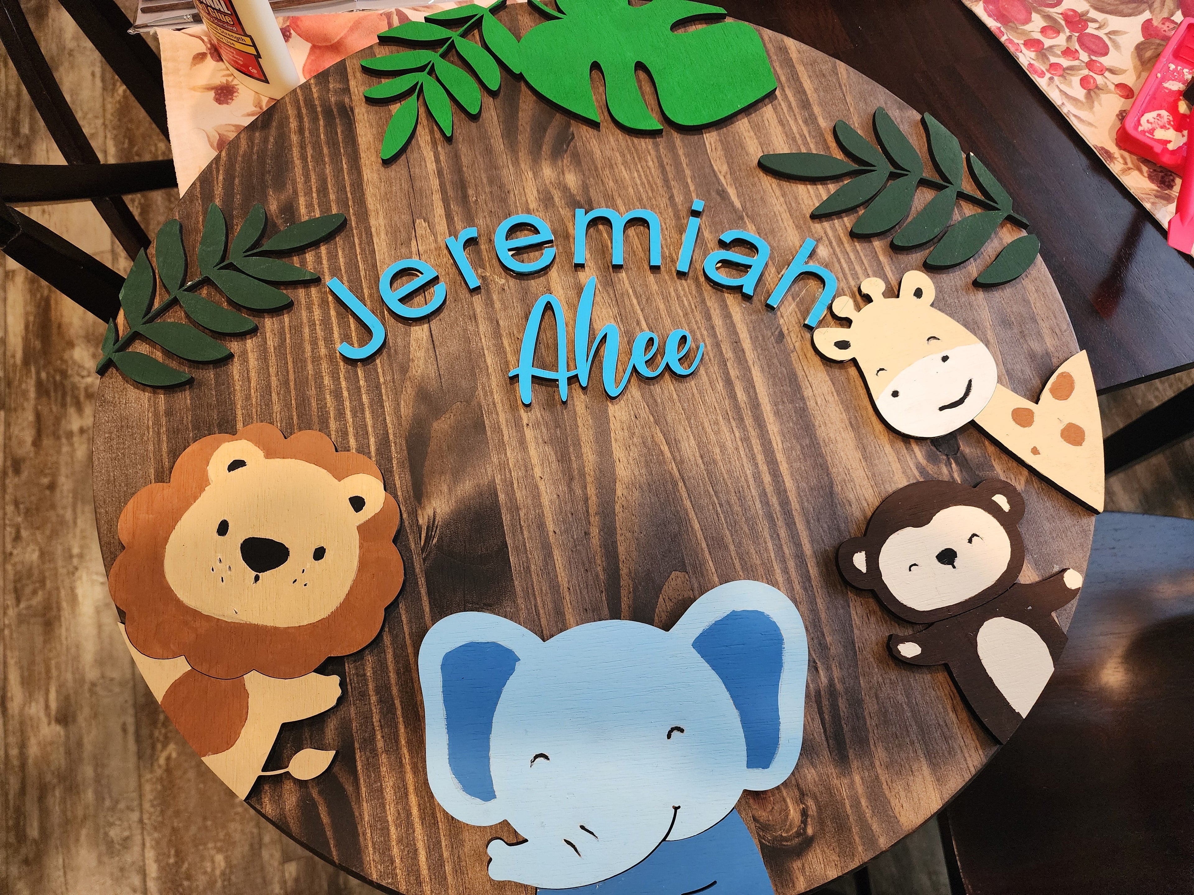 Fox Tree Creations custom nursery sign laser cut with jungle theme.