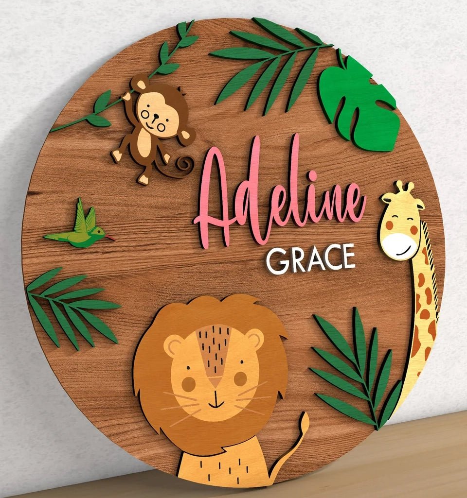 Studio photo of custom wooden nursery sign with animal theme.
