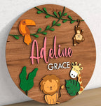 Adeline Grace nursery sign with 3D layered Jungle Safari decor