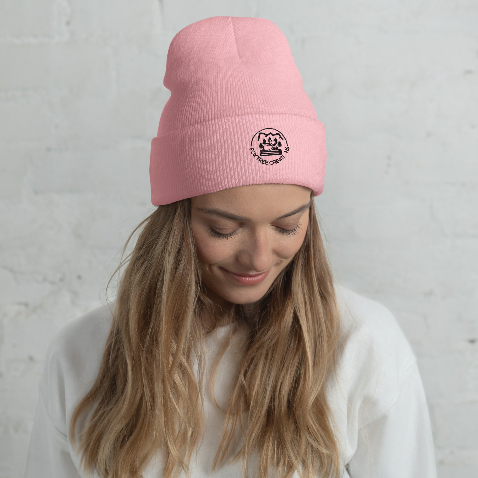 Pink Fox Tree Creations knit beanie for everyone with a logo on front, perfect for casual wear.