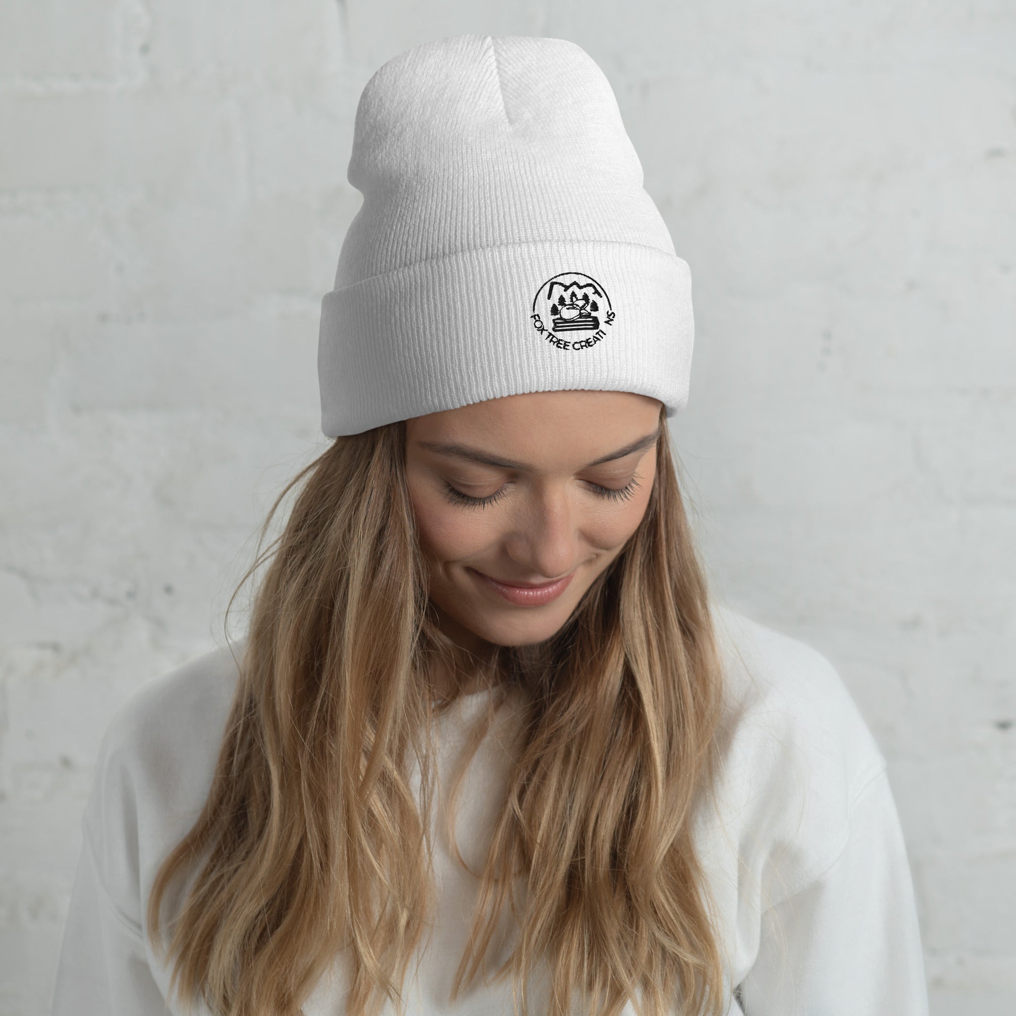 White knit beanie for everyone featuring Fox Tree Creations logo, ideal for casual wear