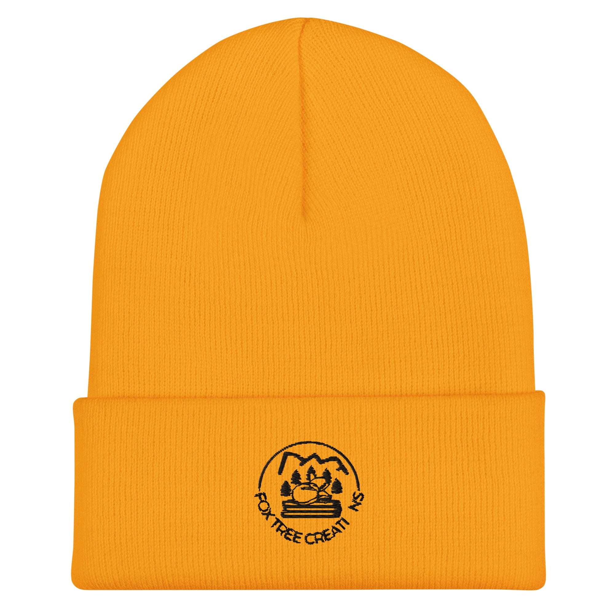 Bright yellow knit beanie for everyone featuring Fox Tree Creations logo on the front