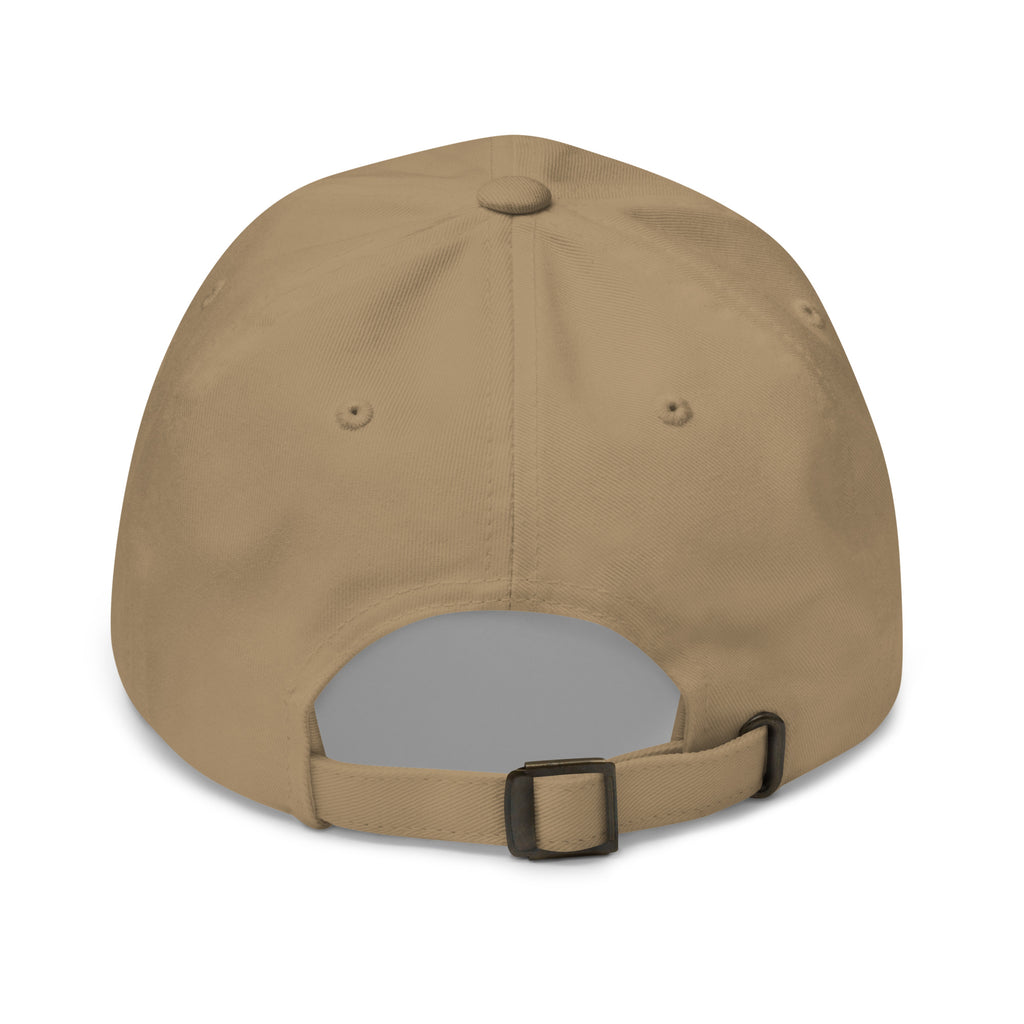 Back view of a tan Fox Tree Creations engraved logo hat with an adjustable strap