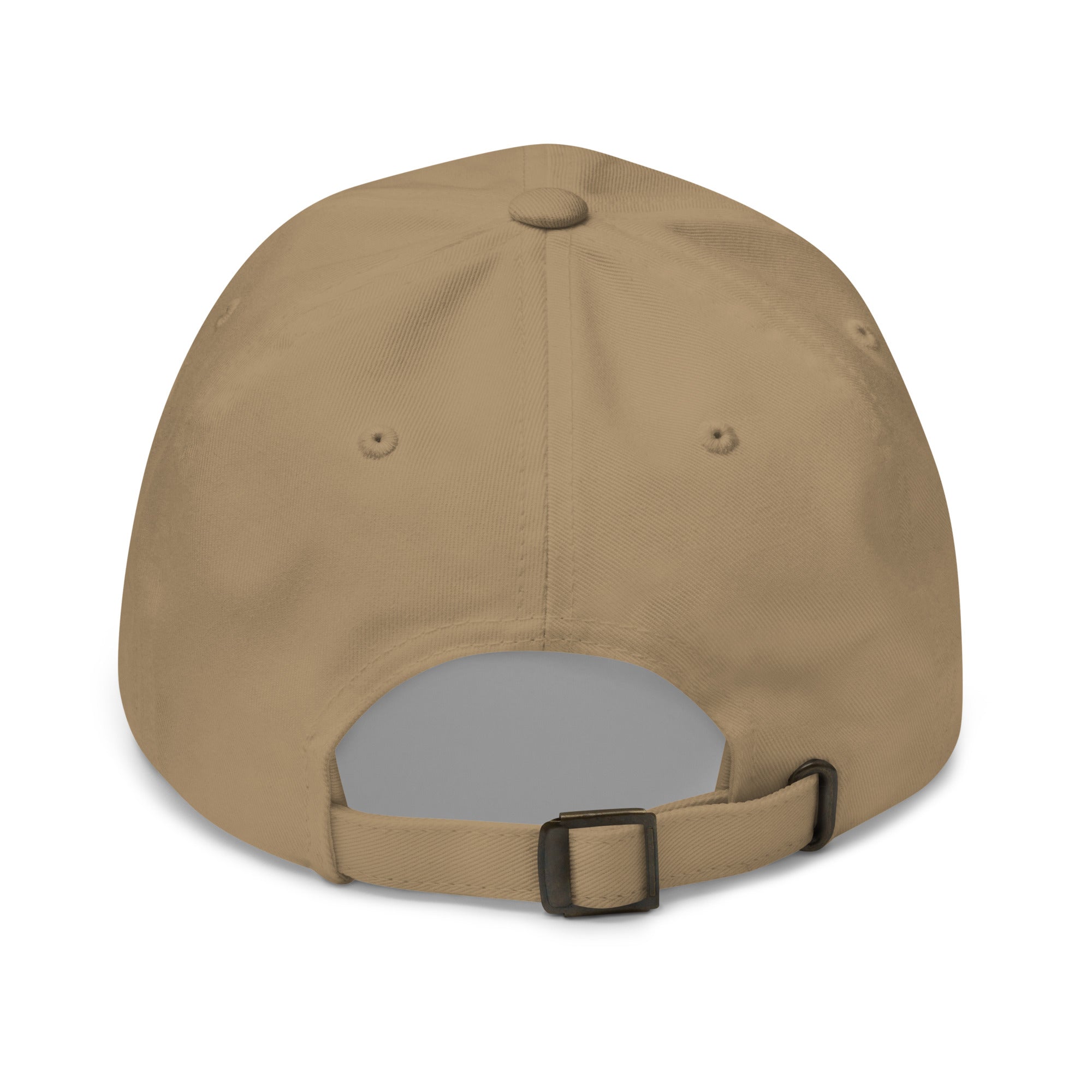 Back view of a tan Fox Tree Creations engraved logo hat with an adjustable strap