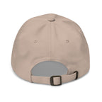 Back view of a beige Fox Tree Creations hat featuring an engraved logo hat design