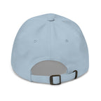 Back view of light blue Fox Tree Creations engraved logo hat featuring an adjustable strap