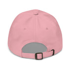 Back view of a pink Fox Tree Creations hat featuring an engraved logo hat design