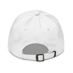 Back view of a white hat featuring an adjustable strap, perfect for casual wear, with an engraved logo hat