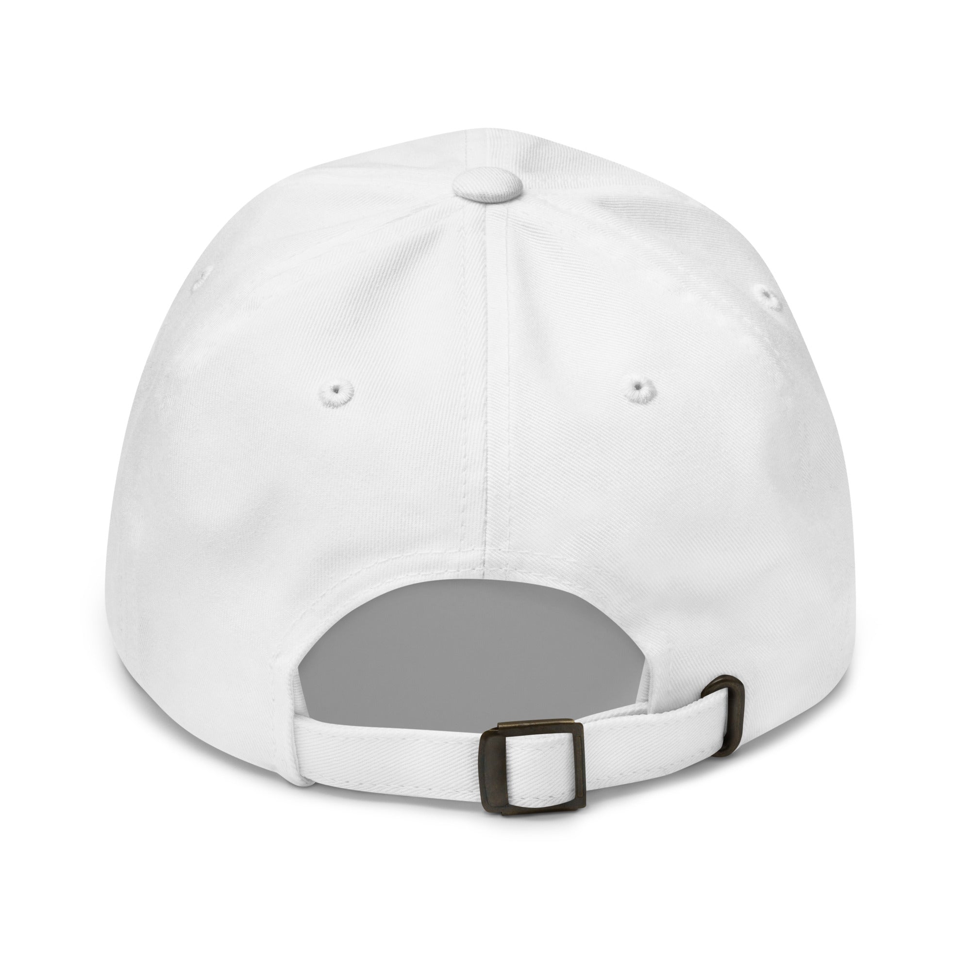 Back view of a white hat featuring an adjustable strap, perfect for casual wear, with an engraved logo hat