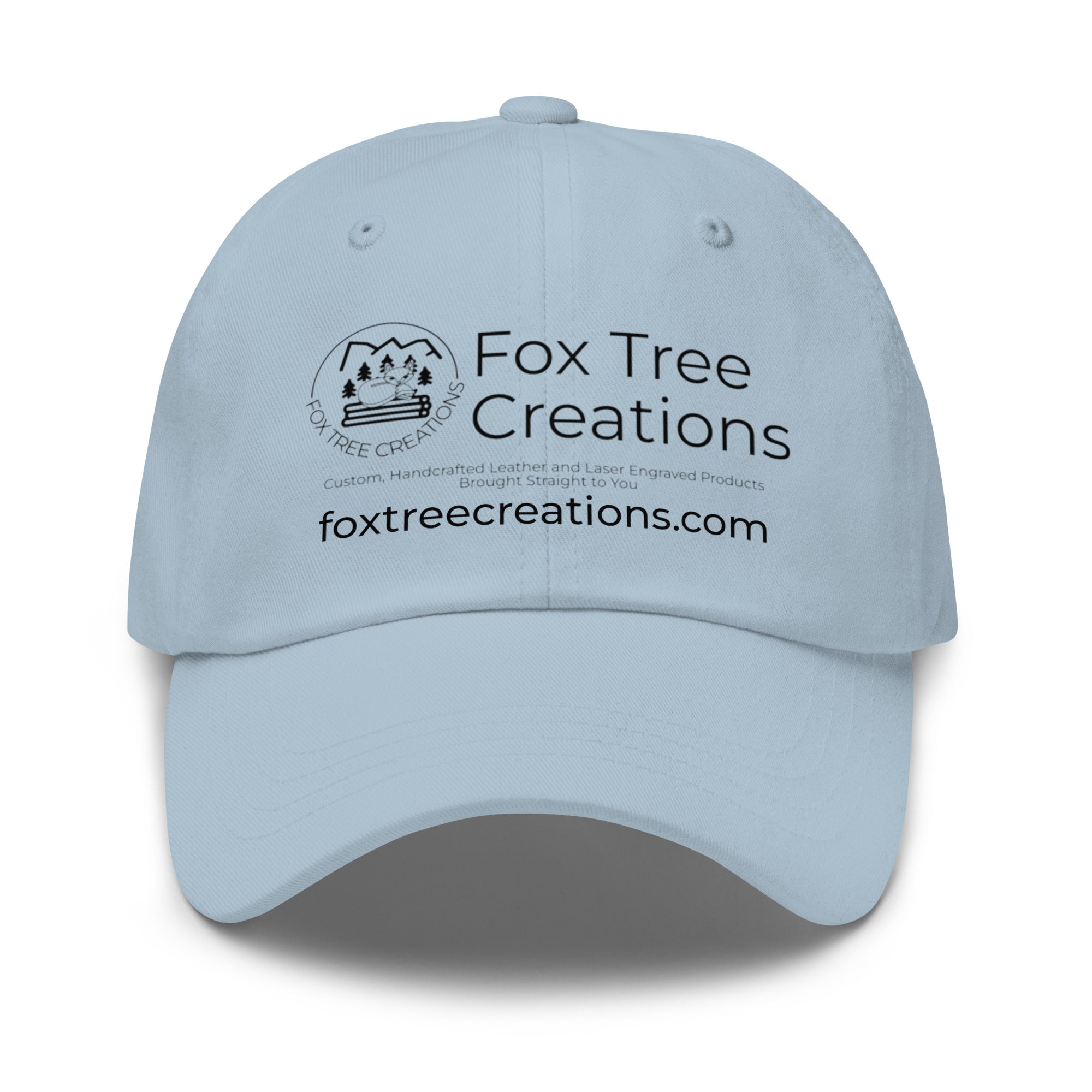 Light blue engraved logo hat from Fox Tree Creations with a stylish design for casual wear