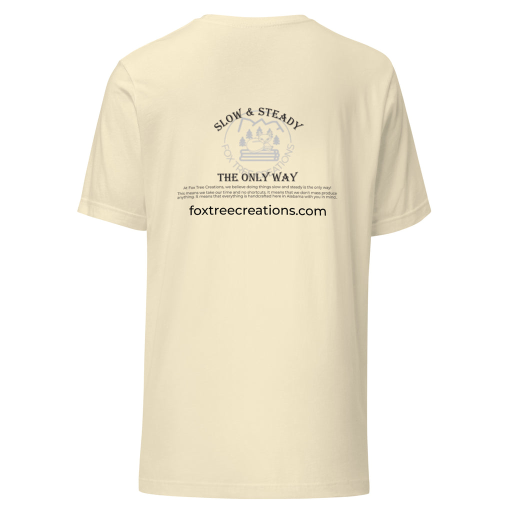 Fox Tree Creations Custom T-Shirt, a unique gift t-shirt for men and women in a tan color on the back