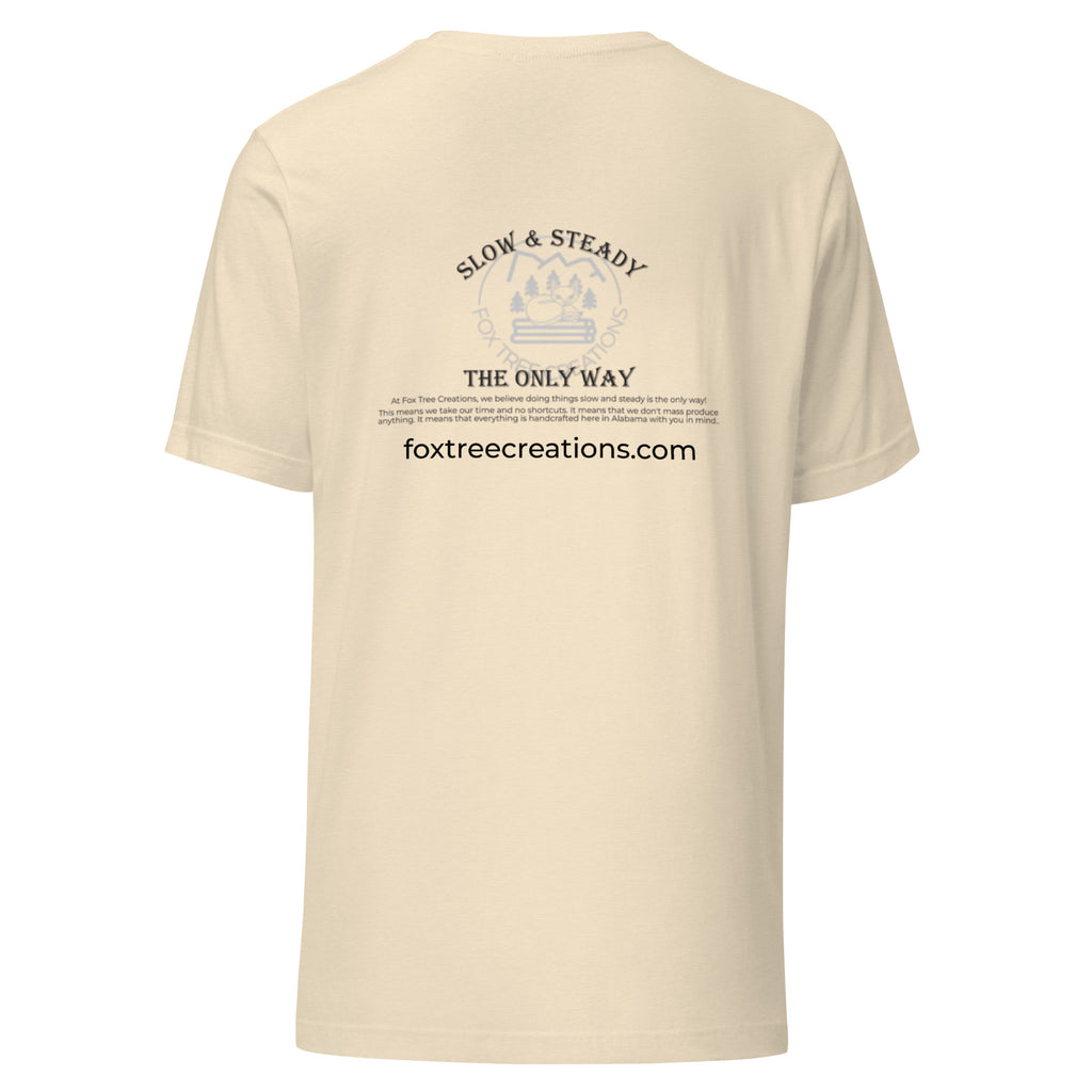 Fox Tree Creations Custom T-Shirt, a unique gift t-shirt for men and women in a beige color on the back