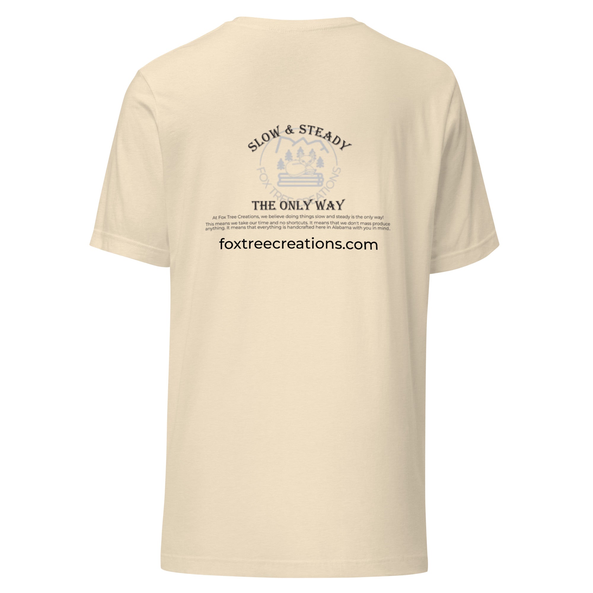 Fox Tree Creations Custom T-Shirt, a unique gift t-shirt for men and women in a beige color on the back