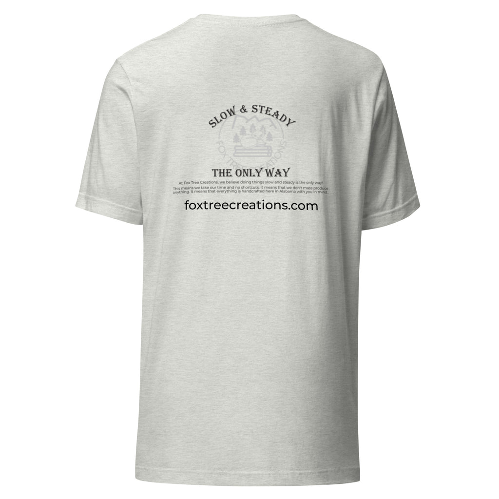 Fox Tree Creations Custom T-Shirt, a unique gift t-shirt for men and women in a gray color on the back