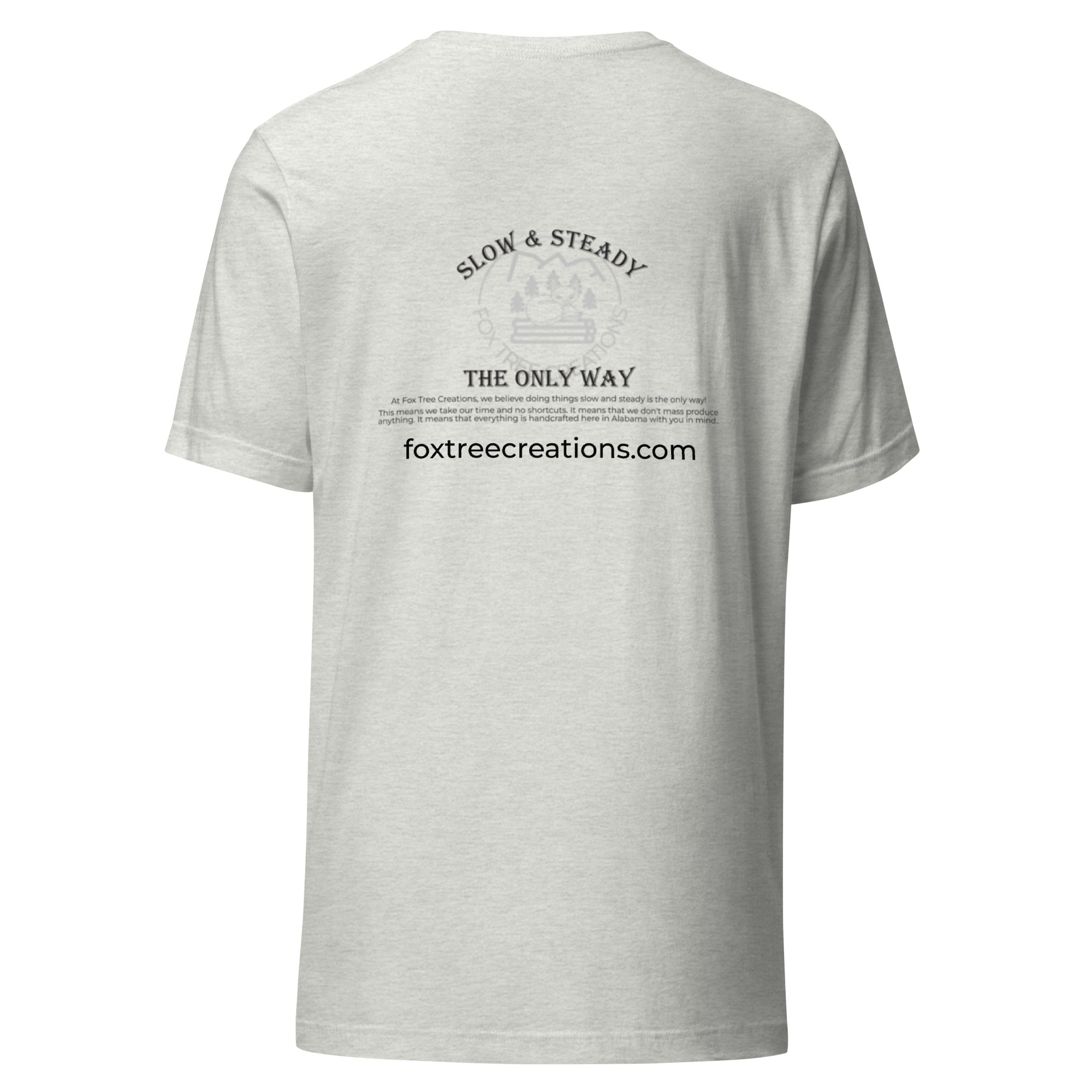 Fox Tree Creations Custom T-Shirt, a unique gift t-shirt for men and women in a gray color on the back