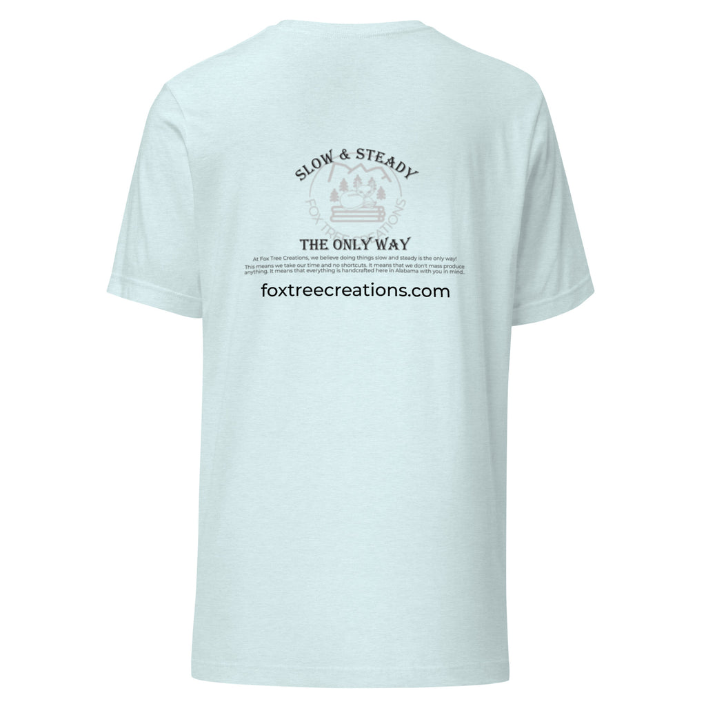 Fox Tree Creations Custom T-Shirt, a unique gift t-shirt for men and women in a light blue color on the back