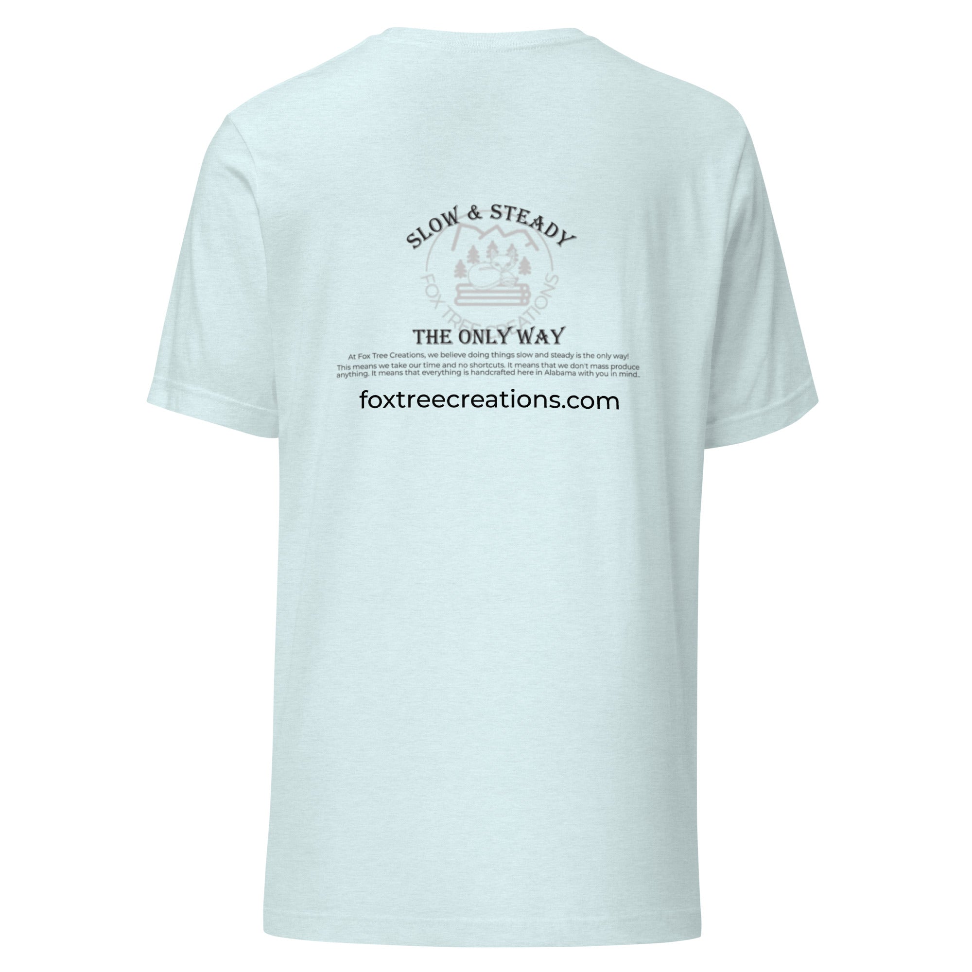 Fox Tree Creations Custom T-Shirt, a unique gift t-shirt for men and women in a light blue color on the back