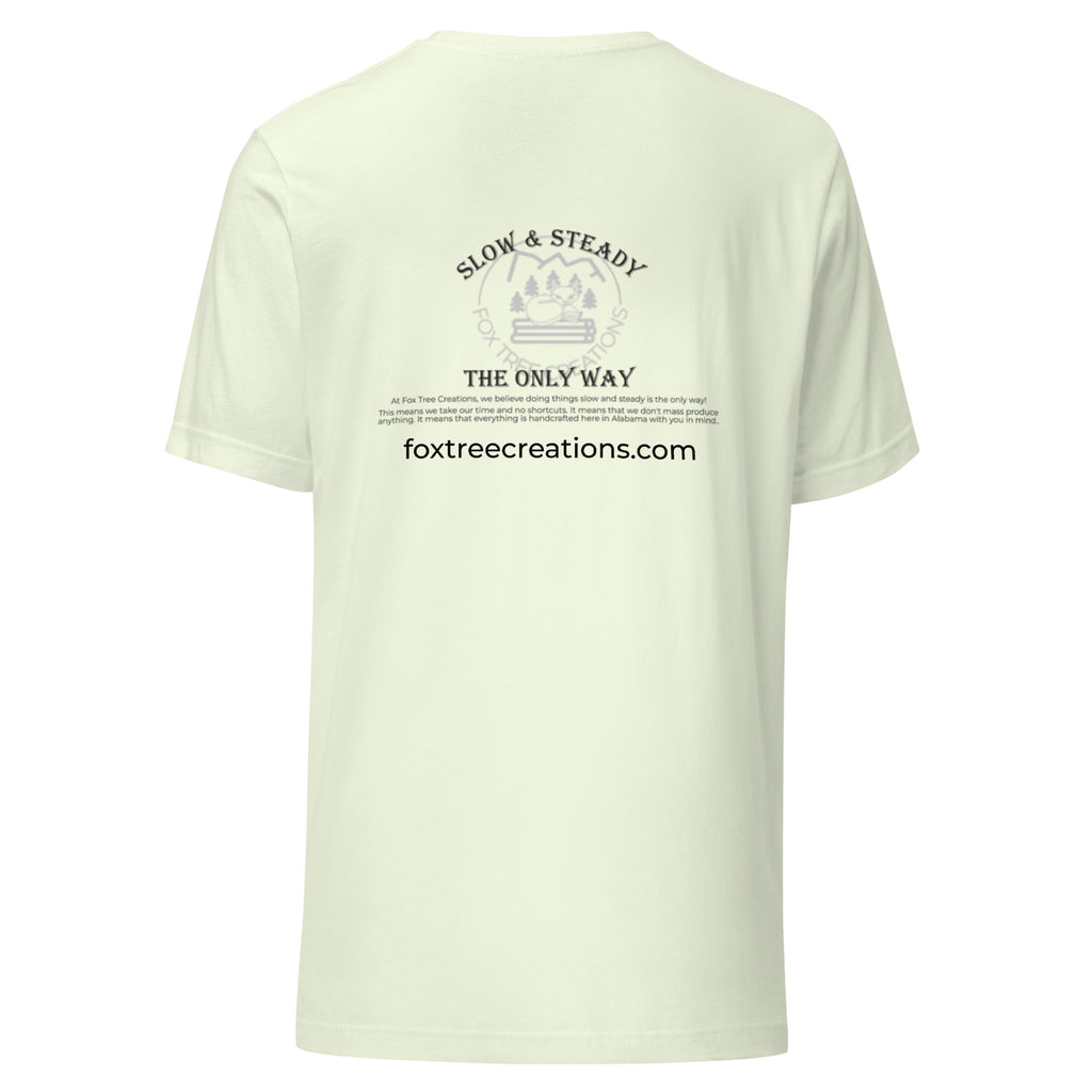 Fox Tree Creations Custom T-Shirt, a unique gift t-shirt for men and women in a light green color on the back