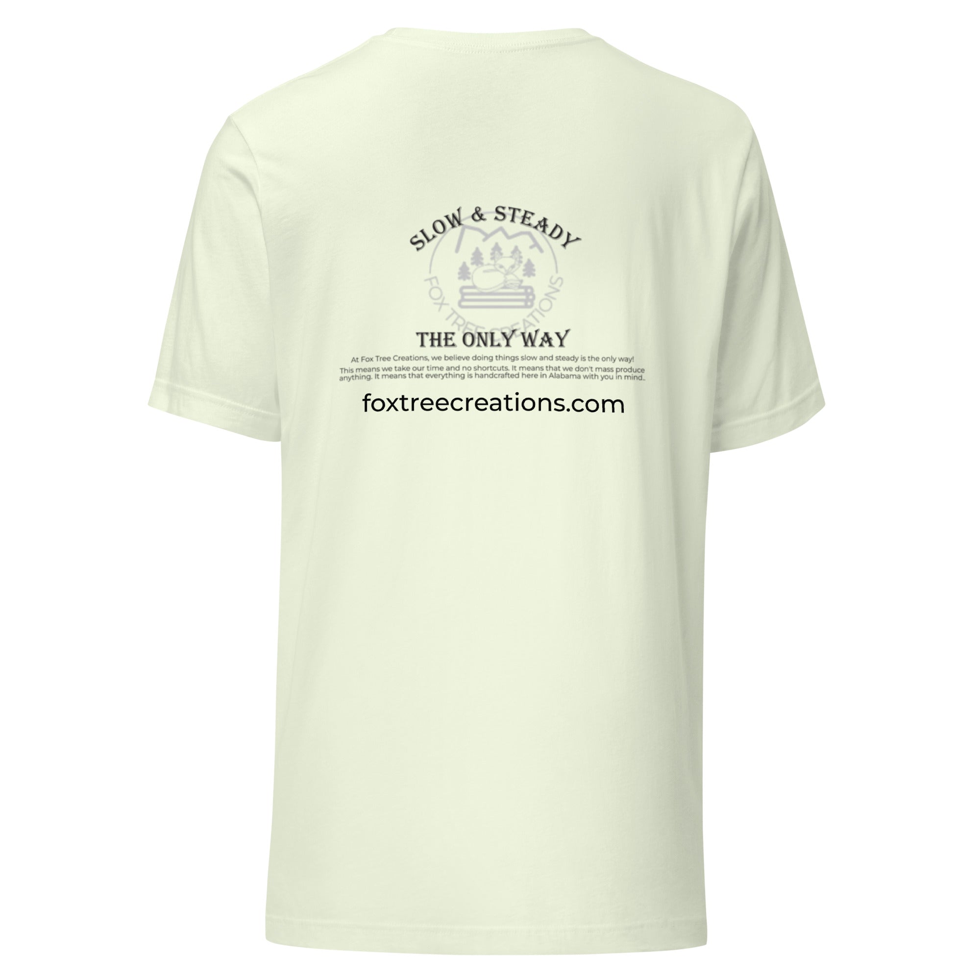 Fox Tree Creations Custom T-Shirt, a unique gift t-shirt for men and women in a light green color on the back