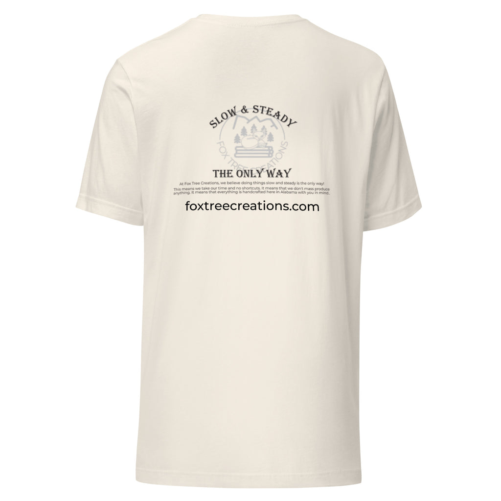 Fox Tree Creations Custom T-Shirt, a unique gift t-shirt for men and women in an off white color on the back