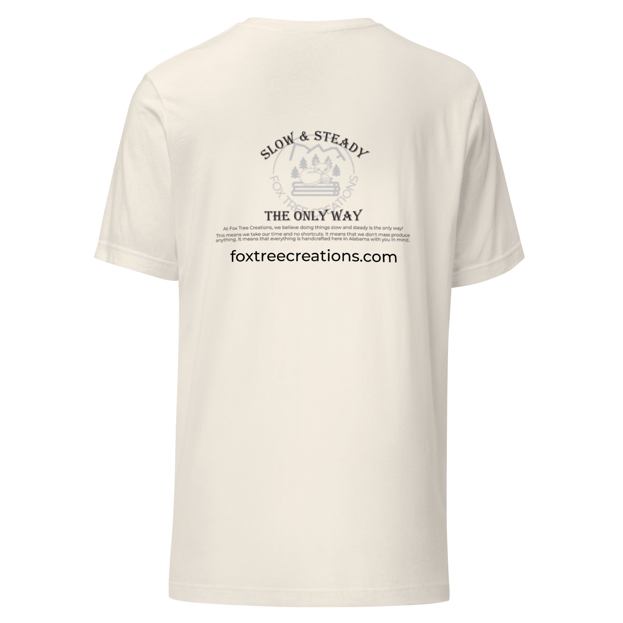 Fox Tree Creations Custom T-Shirt, a unique gift t-shirt for men and women in an off white color on the back
