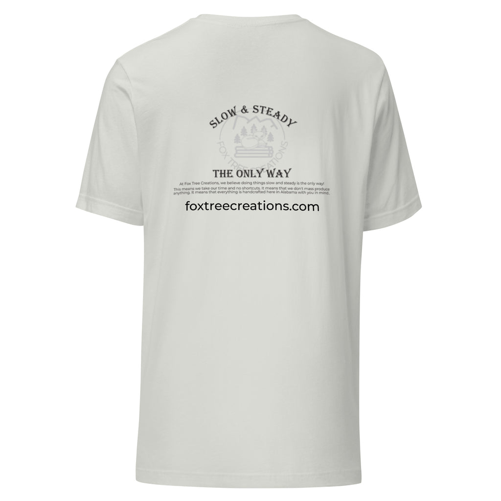 Fox Tree Creations Custom T-Shirt, a unique gift t-shirt for men and women in a silver color on the back