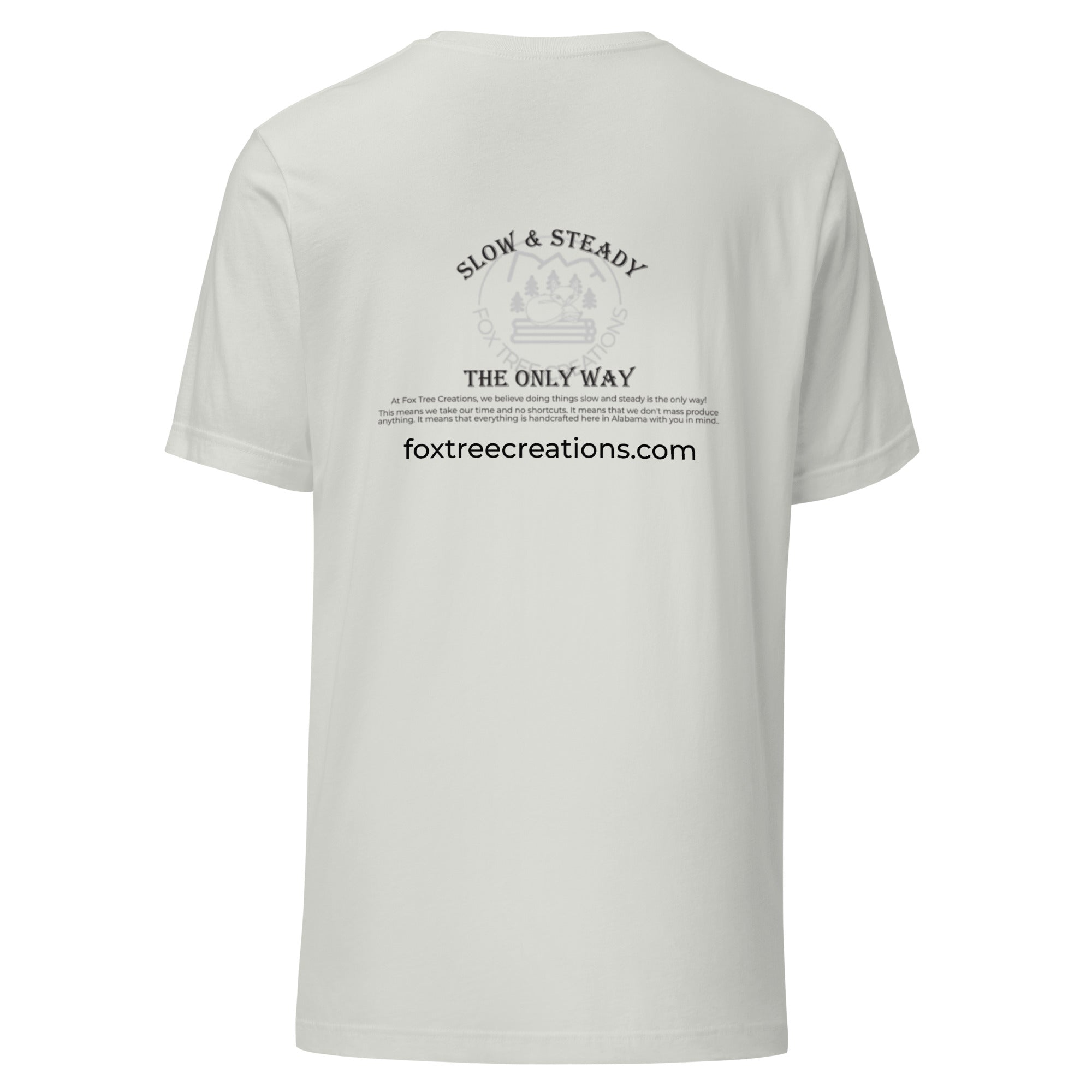 Fox Tree Creations Custom T-Shirt, a unique gift t-shirt for men and women in a silver color on the back