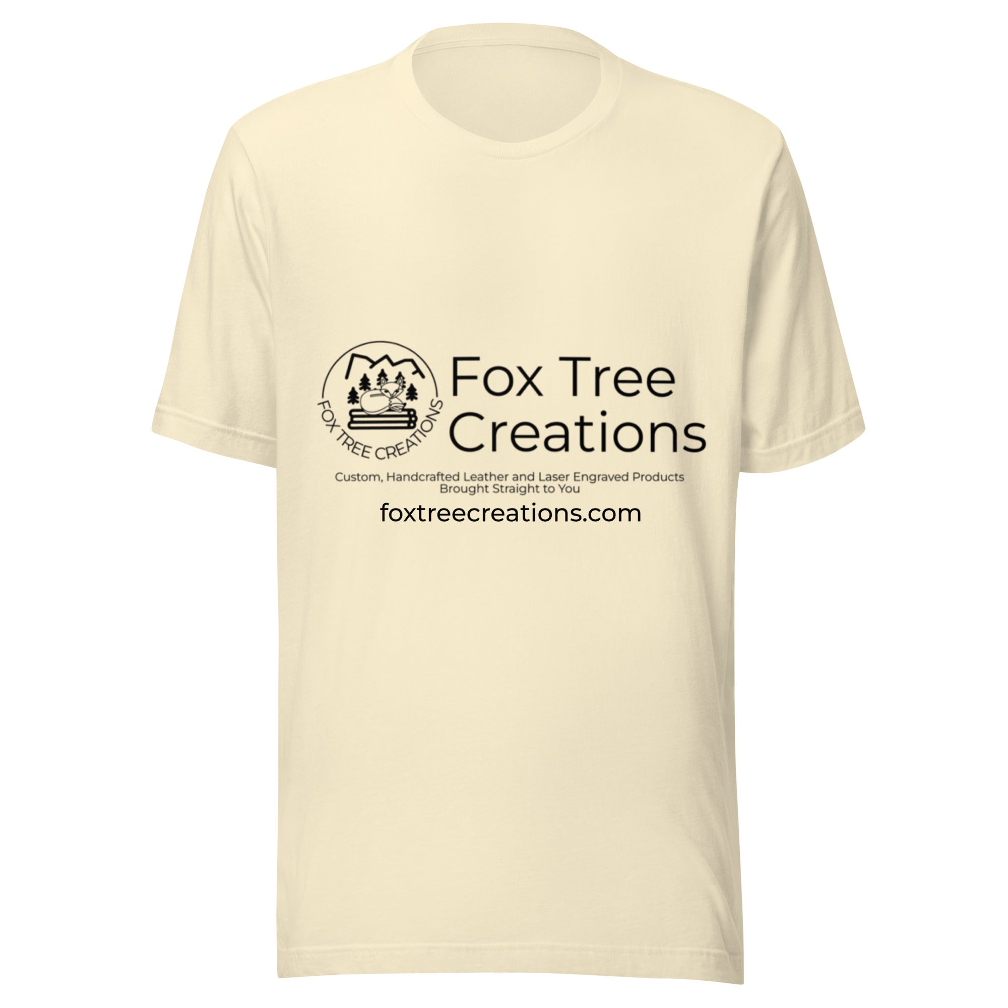 Cream Fox Tree Creations T-shirt featuring a logo, perfect unique gift t-shirt for men and women