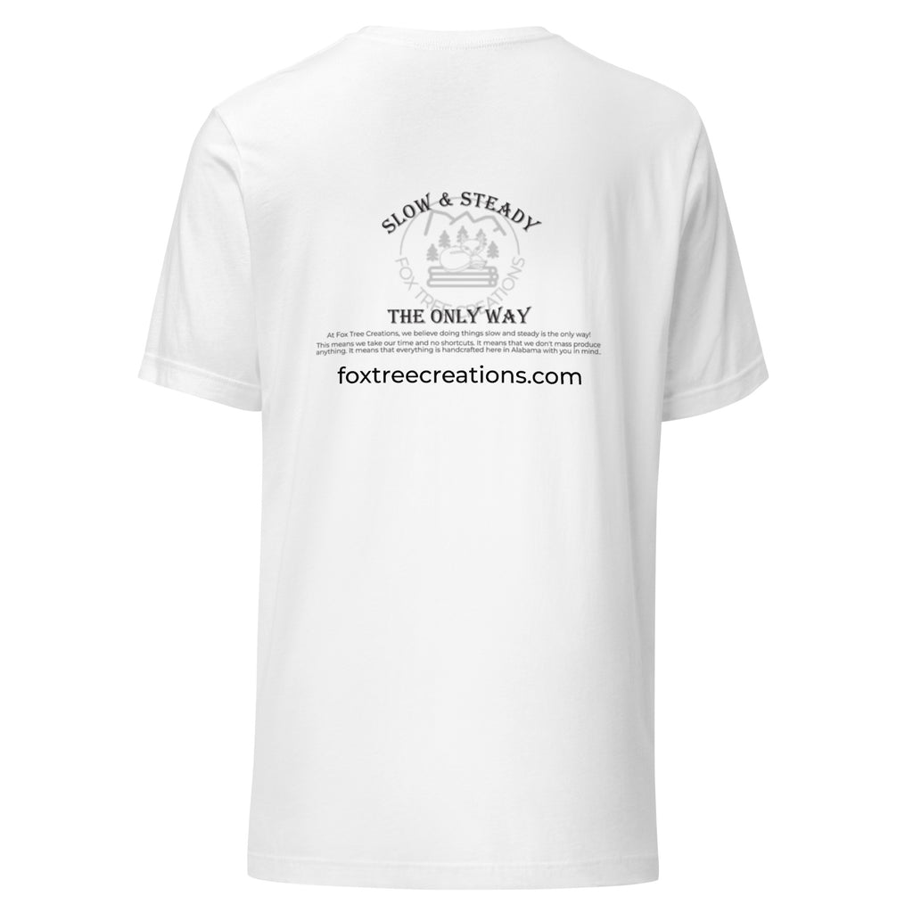 Fox Tree Creations Custom T-Shirt, a unique gift t-shirt for men and women in a bright white color on the back