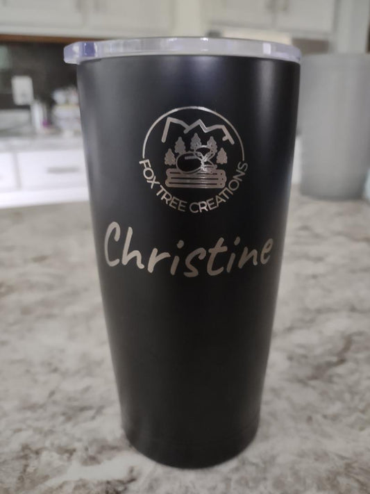 Personalized engraved 20oz tumbler by Fox Tree Creations with a sleek black finish