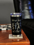 Personalized engraved 20oz tumbler with stylish text design for keeping drinks hot or cold