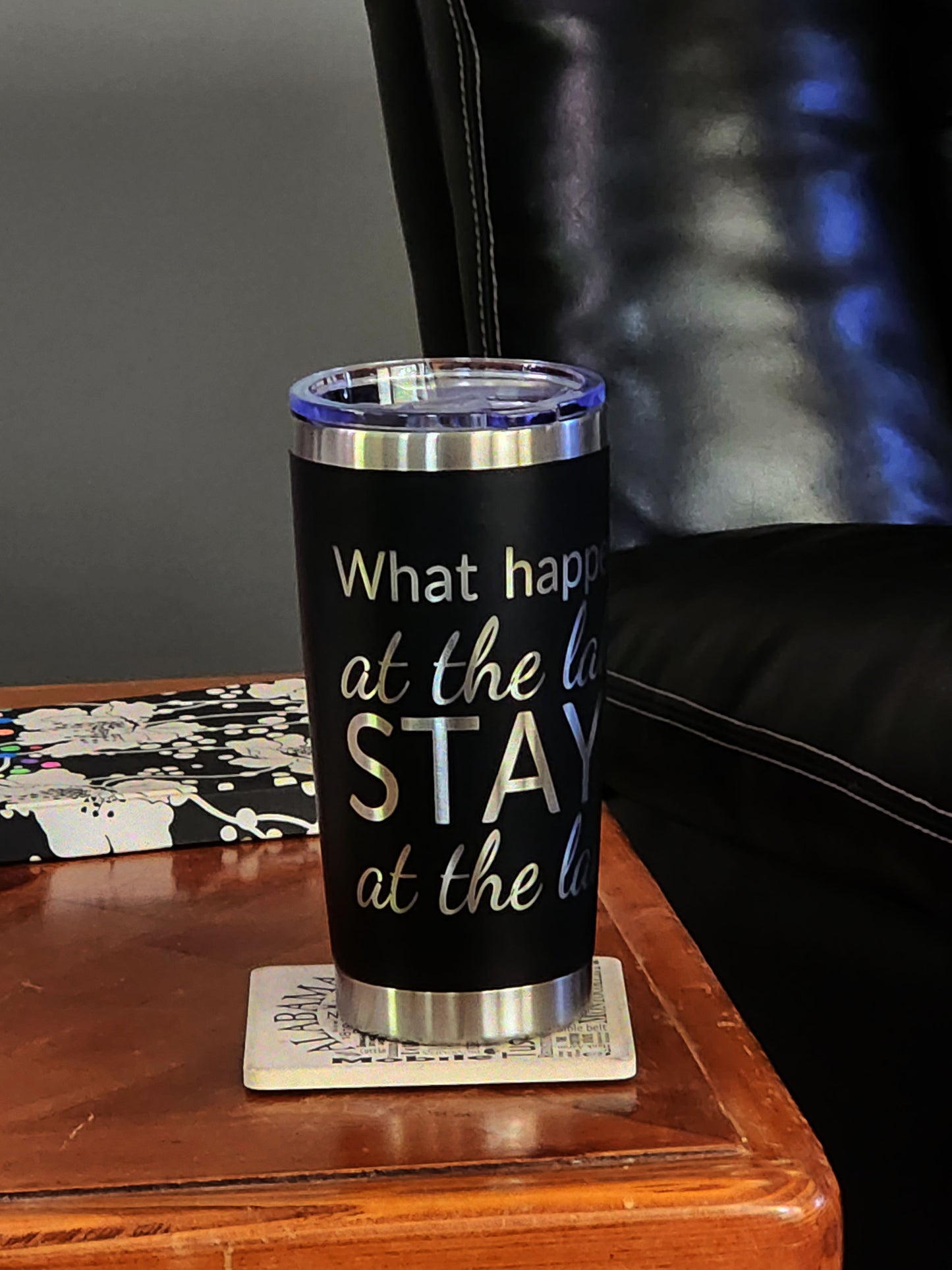 Personalized engraved 20oz tumbler with stylish text design for keeping drinks hot or cold