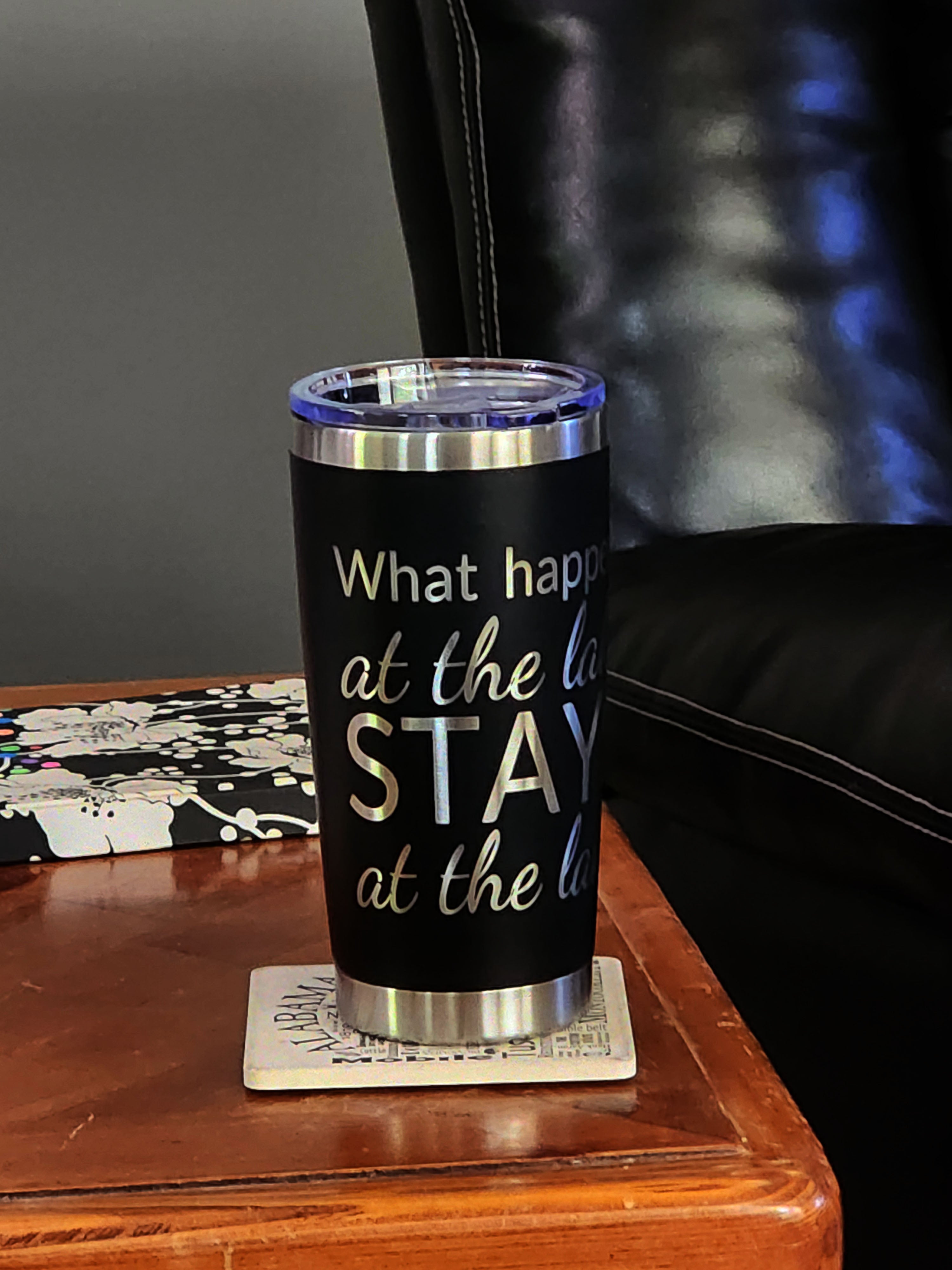 Personalized engraved 20oz tumbler with stylish text design for keeping drinks hot or cold