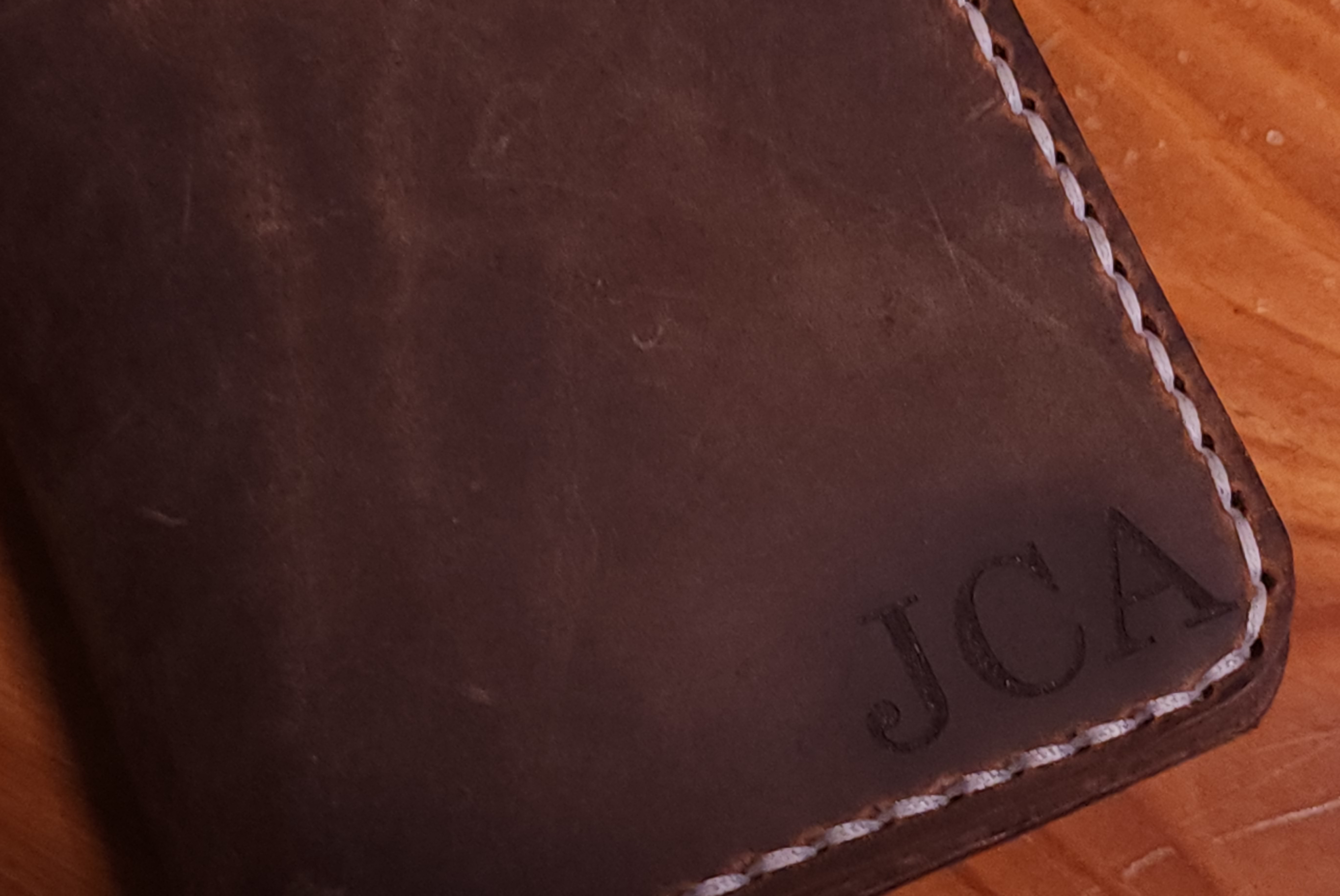 Fox Tree Creations full grain leather field notes cover with stitched edges and personalized initials JCA
