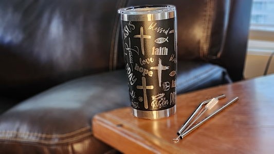 Laser engraved faith 20oz tumbler with inspirational designs and stainless steel finish by Fox Tree Creations